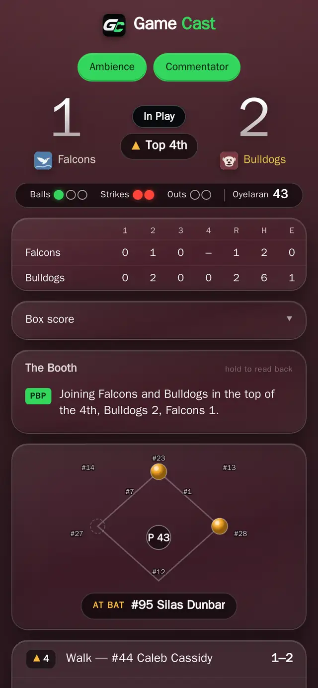 The fan page showing the score, the count, the booth's spoken line as a caption and the ball in play
