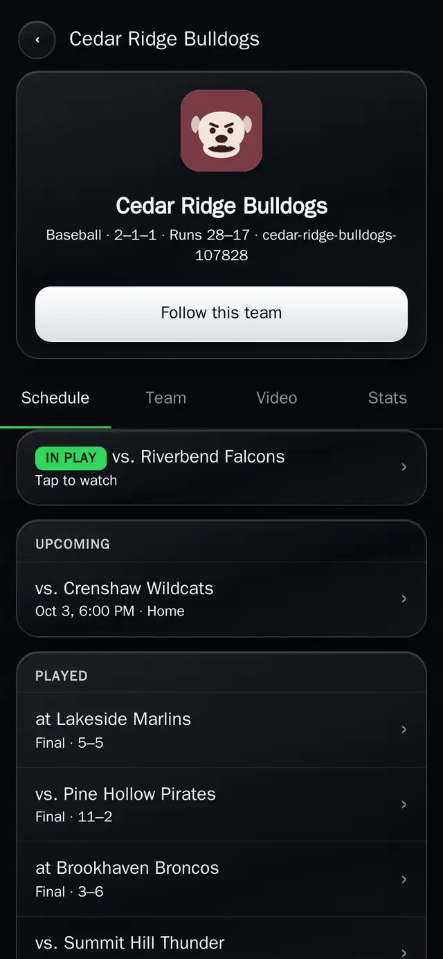 A team page with a follow button, a schedule and tabs for the team, its video and its stats