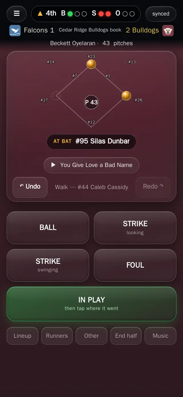 The scorekeeper's book in the fourth inning, with two runners on and the batter at the plate