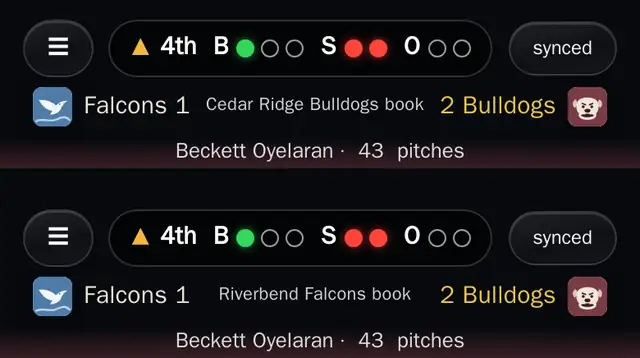 The same game open in both teams' scorebooks, each headed with its own team's name