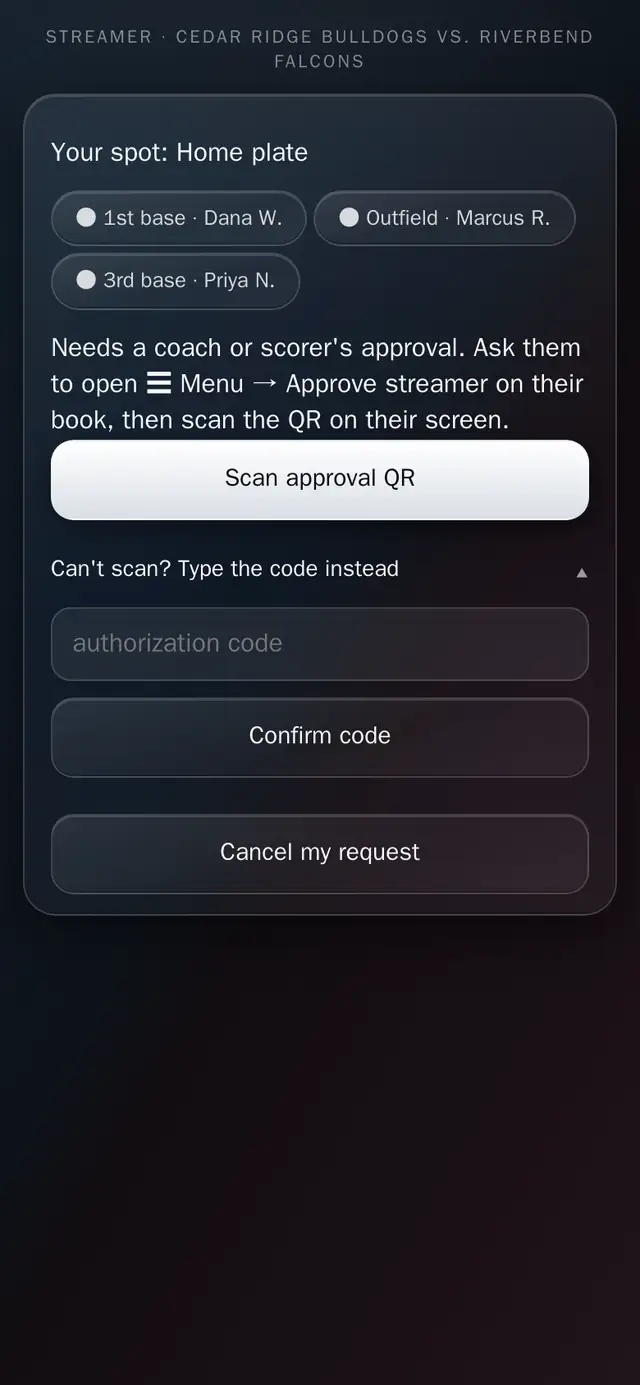 The streamer screen: a camera spot claimed, three other phones already filming, and the coach's approval outstanding